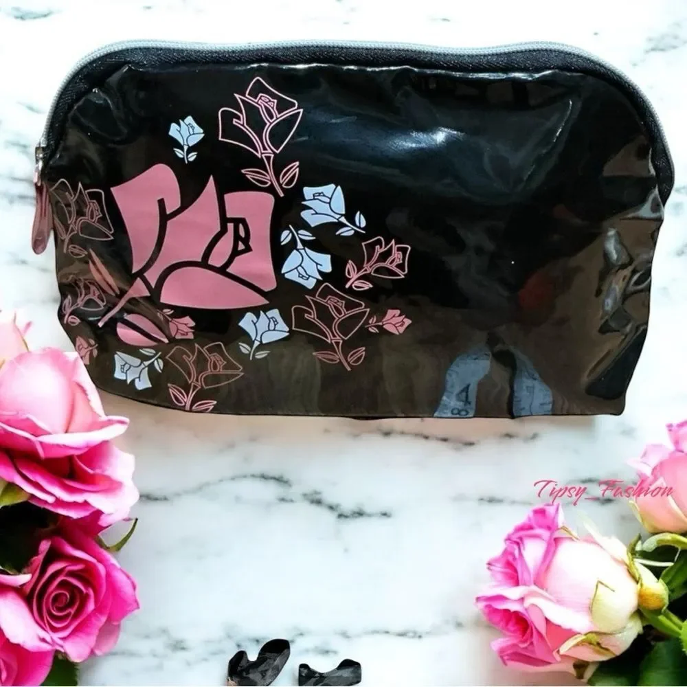 Lancôme Patent Floral Makeup Bag Cosmetic Pouch Travel Case Black Pink